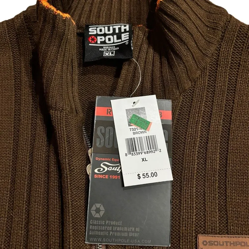Y2K Southpole Ribbed Full Zip Mock Neck Sweater Cardigan Brown Orange Trim XL